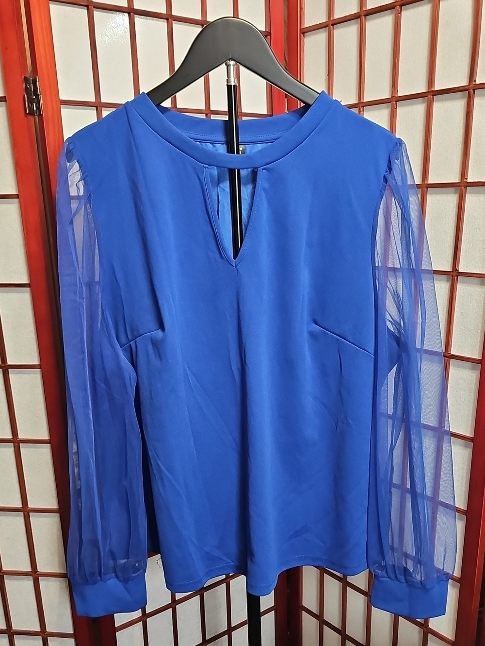 SHEIN Royal Blue Sheer-Sleeve Keyhole Blouse
